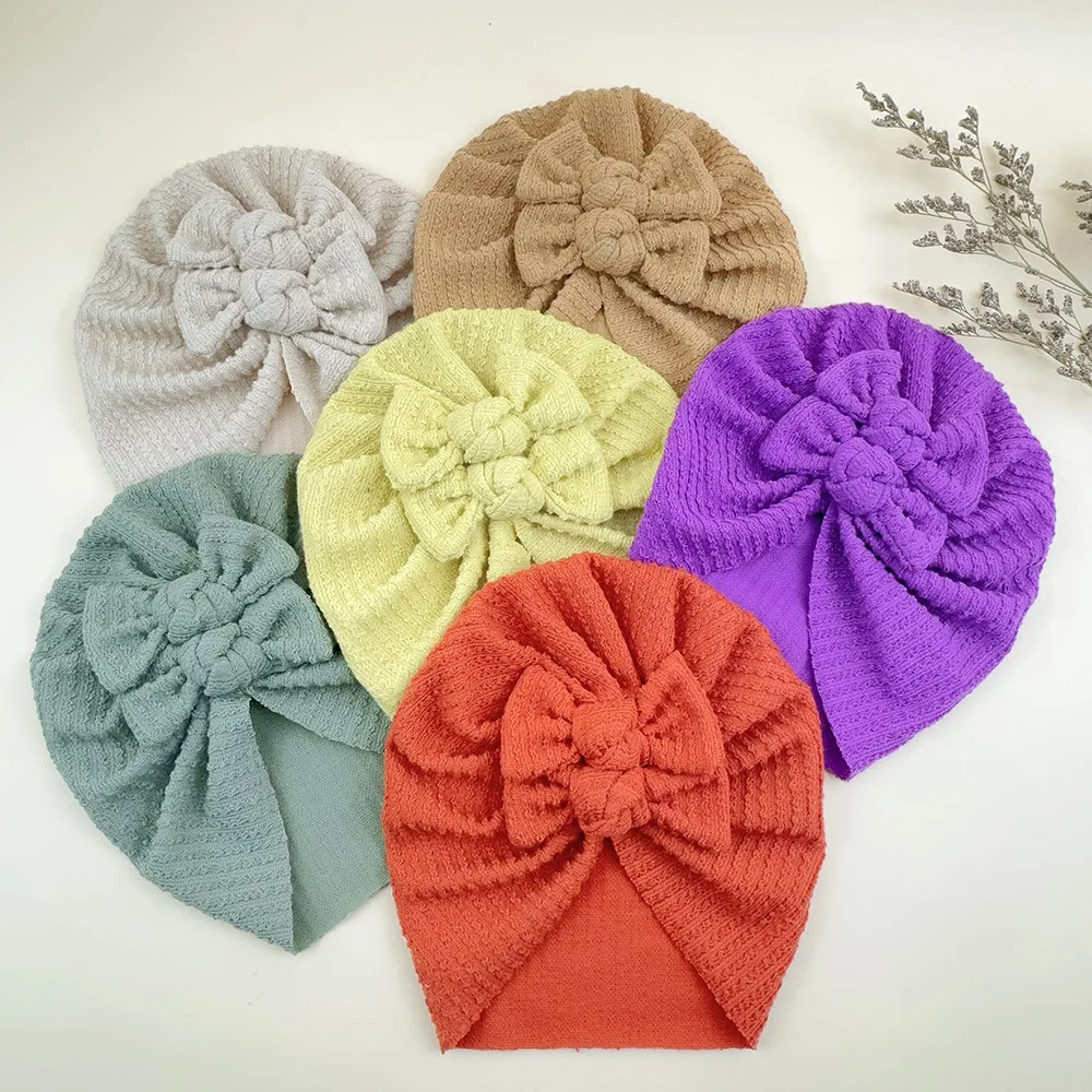 

12pc/lot Newborn Bowknot Turban Hat Baby Girl Rib Cable Knit Headwraps Infant Cotton Bonnet Beanie Caps Kids Headwear 0-1Y Bulk