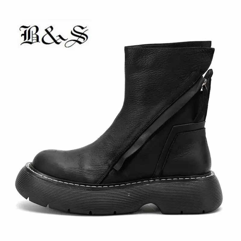 

Black& Street Thick Sole Retro Dual Zipper Cool Personalized Boots Genuine Leather Motorcycles Botas