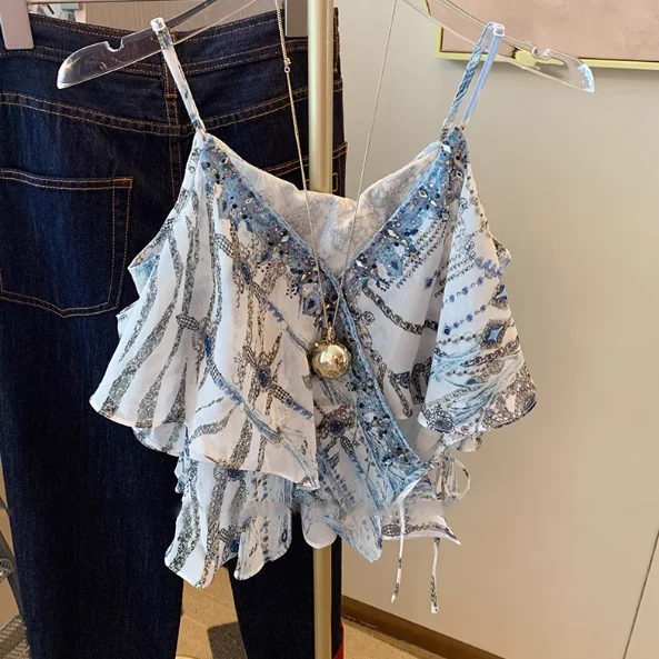 

Women Clothes Tank Crop Tops Summer New Vacation Style High-end Designed Niche Chic Printed Diamond-set Chiffon Suspender Vest