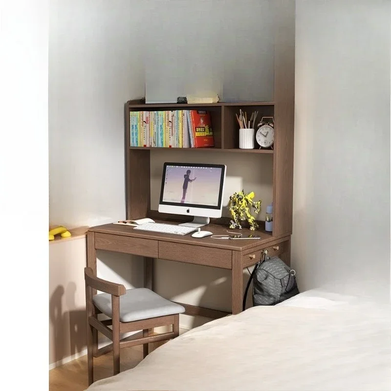 New Chinese-style desk bookshelf integrated, computer desk simple, solid wood study table