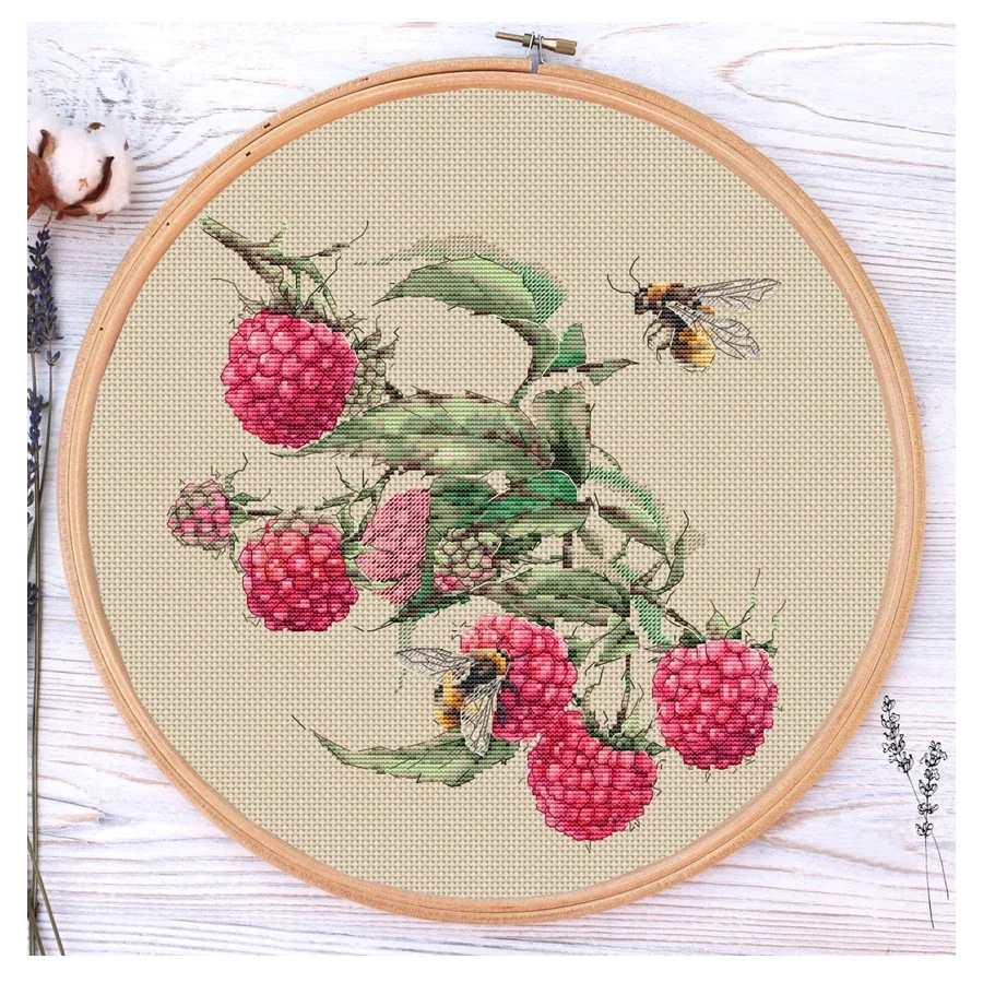 Raspberry and Bee, Amishop Counted Canvas Cross Stitch Kits, Fruit, Embroidery Needlework