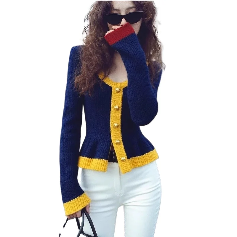 

Корейская женская одежда большого размера, шикарный вязаный свитер контрастного цвета с длинными рукавами, женский осенне-зимний новый красивый топ