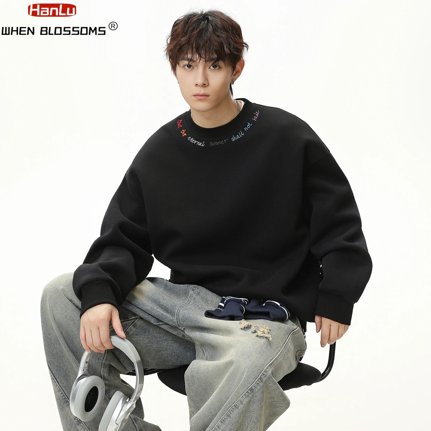 HANGLU 2025 Men's Heavyweight Crewneck Sweatshirt Rainbow Color Block Embroidered Letter Oversized Streetwear Pullover