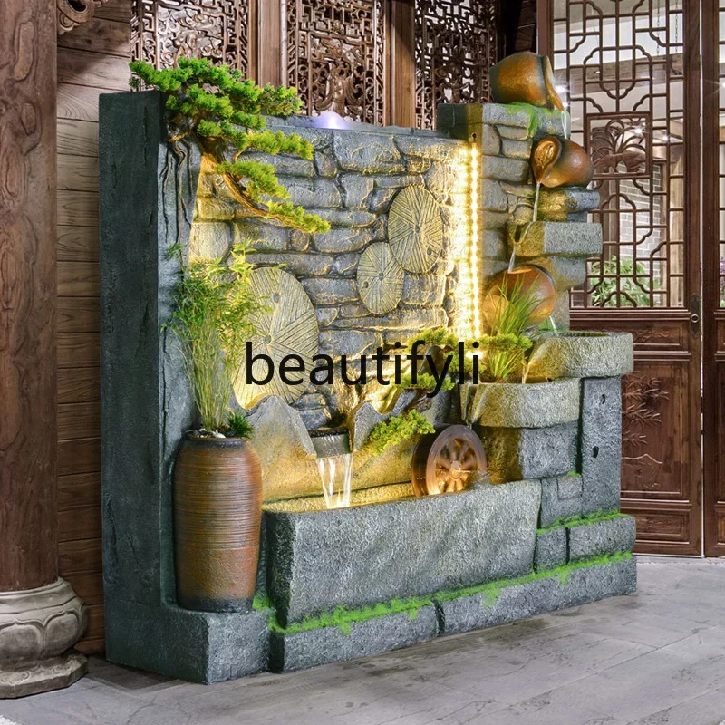 

Outdoor courtyard large rockery running water screen, wall pottery pot running water fountain, water wheel lucky ornament07