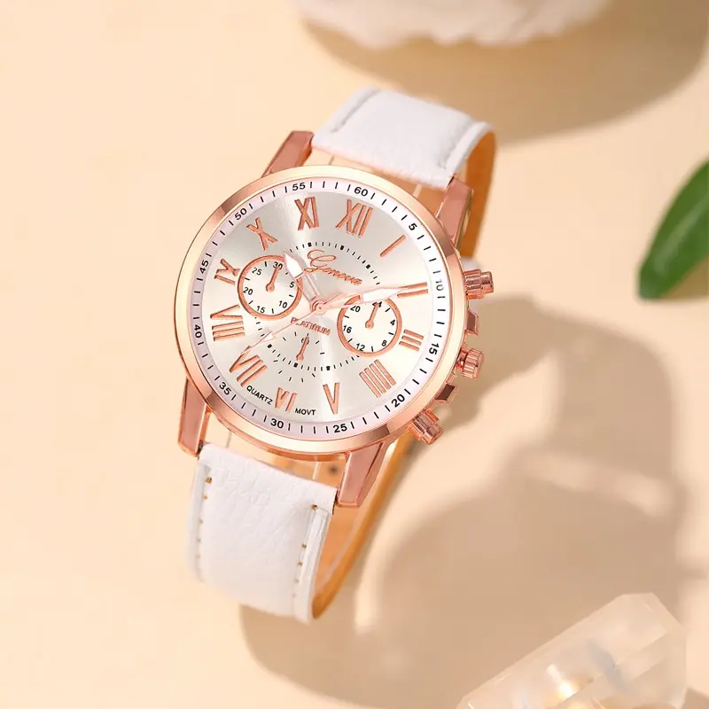 6PCS Set Fashion Women Watches Simple Ladies Business White Leather Quartz Watch Womens Necklace Earrings Bracelet Wristwatch