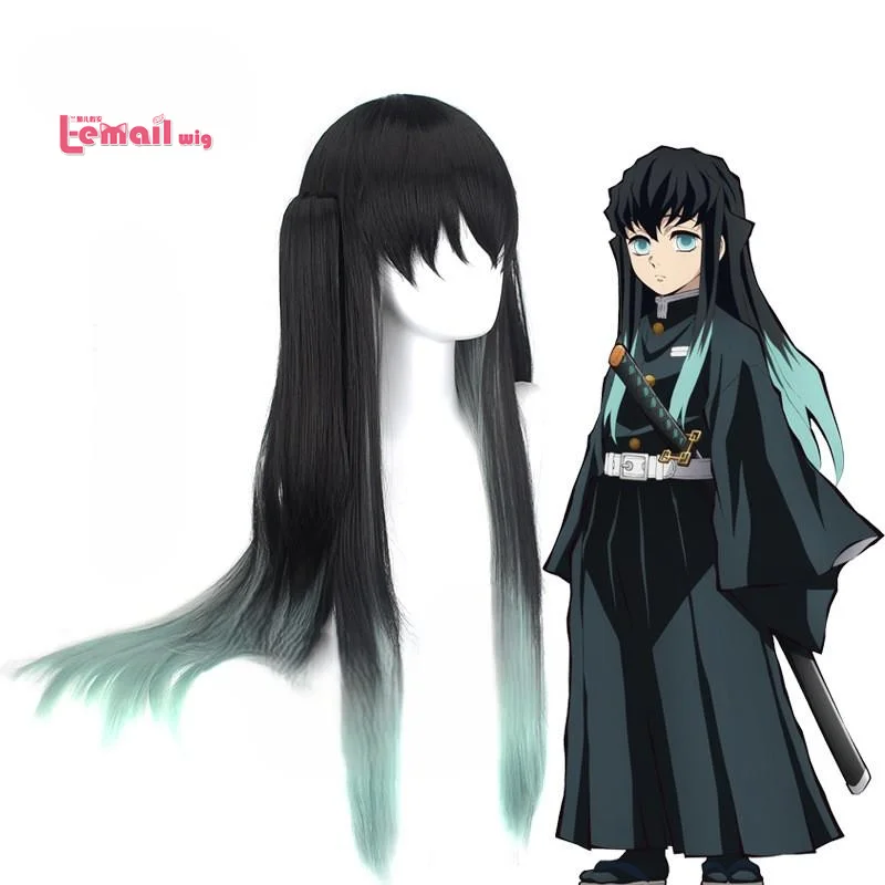 

Парик L-email для косплея по аниме «Клинок, рассекающий демонов» (Kimetsu No Yaiba), парик для косплея Окито Муичиро, черно-зеленый, два варианта цвета