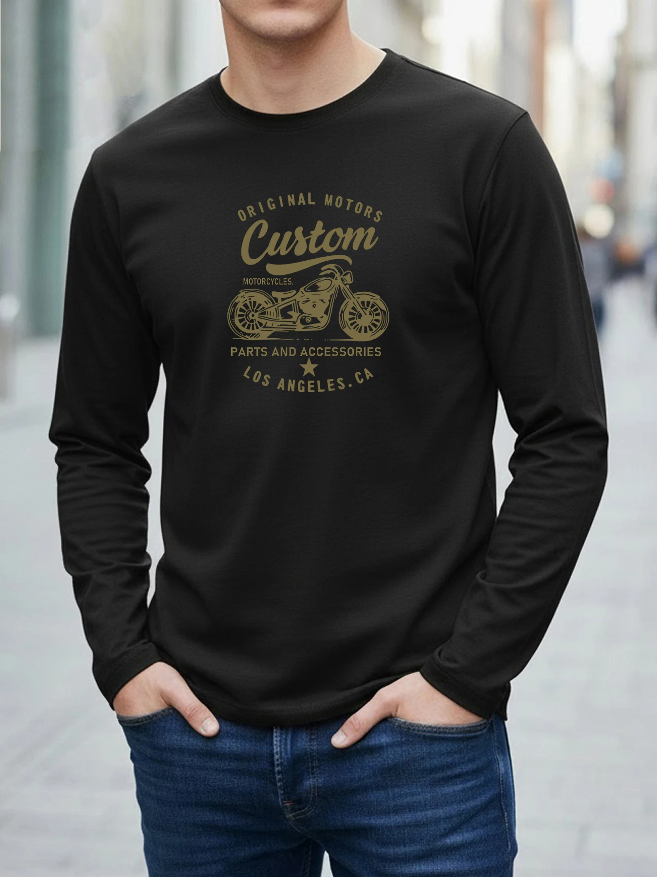 Fall 2026 Men's Long-Sleeve Retro Casual Motorcycle Print T-Shirt Oversized Relaxed Fit Sports Fitness Trendy Streetwear Top