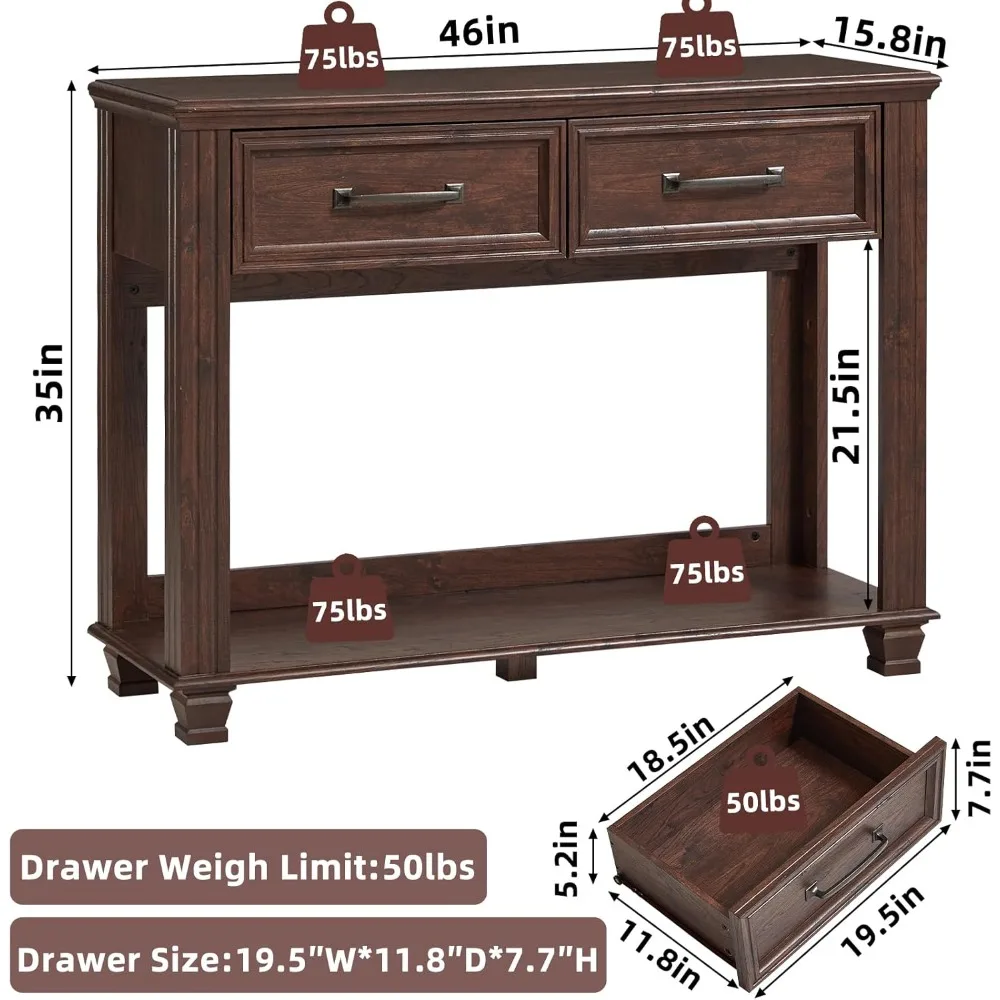 Rustic Wooden 2-Drawer Console Table with Open Shelf, Large Mid-Century Entryway Storage Furniture