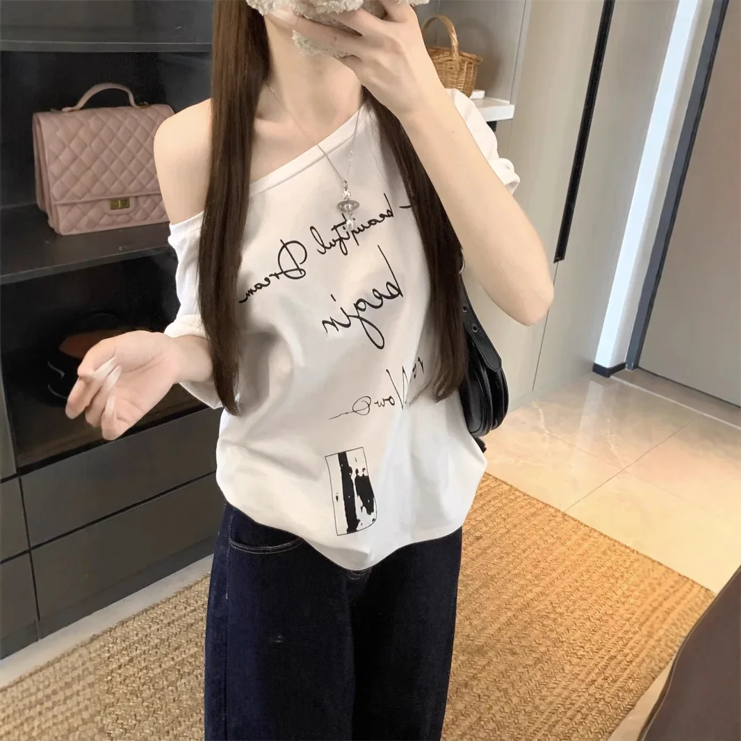 Printed Kpop T-shirts Women Shoulder off Sexy Korean Fashion Tops Y2K Vintage Loose Tees Shirts Cheap Clothes Woman Tshirts