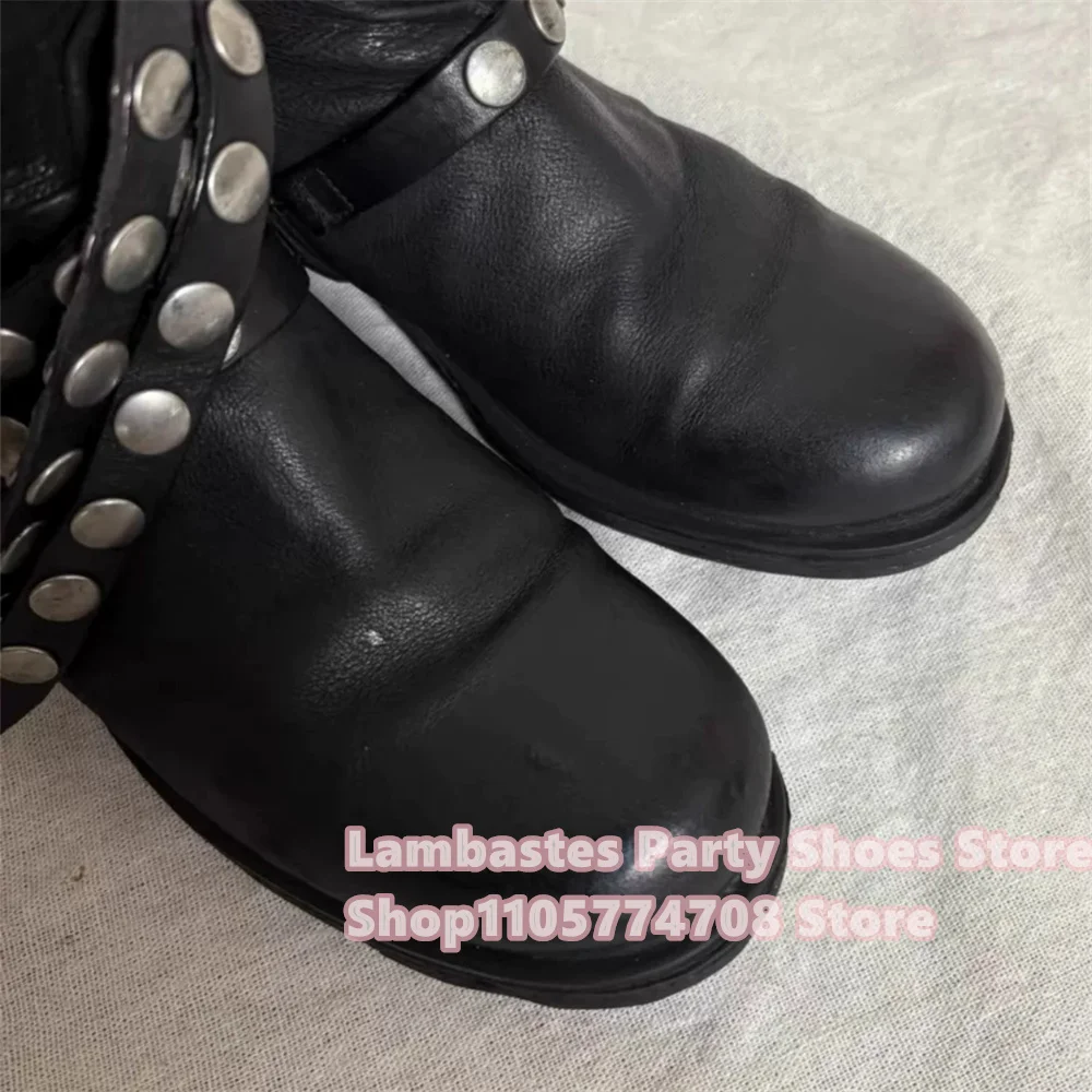 Rivet Dark Vision Short Boots Leather Boots Men Round Toe Vintage Big Head Middle Aged Boots Soft Leather Stacked Short Boots