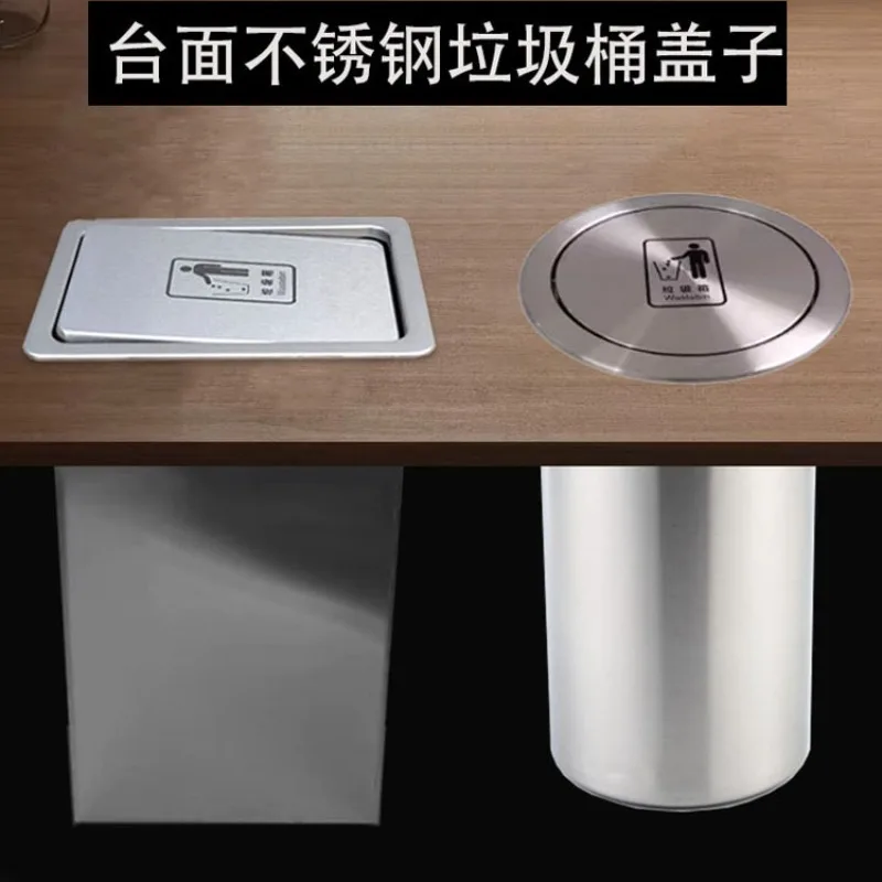 Trash can shake lid, kitchen cabinets, concealed clamshell, sink countertop, silk screen print, hidden trash lid