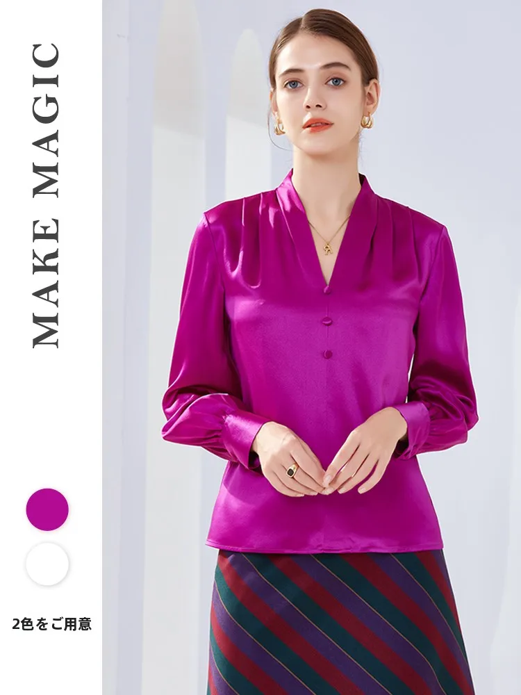 

Elegant V-Neck Long Sleeve Silk Shirt Women's Regular Fit Commute Style Satin Fabric Pure Color Spring New Arrival
