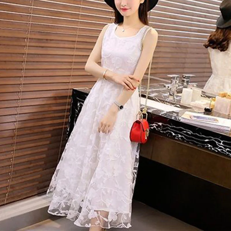 2024 Summer Sleeveless Lace Chiffon White Dress Fairy Sweet Fresh Sweet Round Neck Simple Bilayer Gauze Sweetheart Vest Dresses