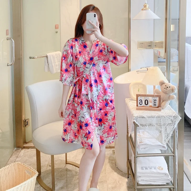 New Ladies Silk Pyjamas Homewear Female Summer Bathrobe Ice Silk Clothing Robe Nightgowns Light Luxury In Short-Sleeved Homewear