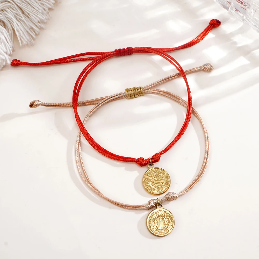 1pc Bohemian Minimalist Style Saint Maiden Bronze Pendant Double Line Red Rope Adjustable Bracelet for Girls' Daily Gifts