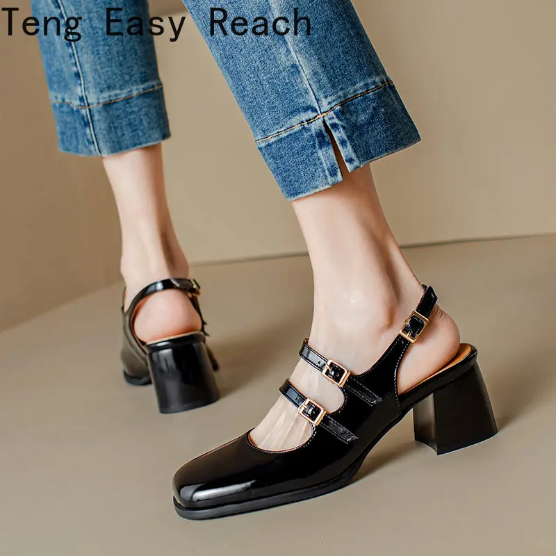 Plus Size 44 45 46 Black Silver Chunky High Heels Mary Jane Shoes Women Square Toe Double Buckle Pumps Slingback Ladies Sandals