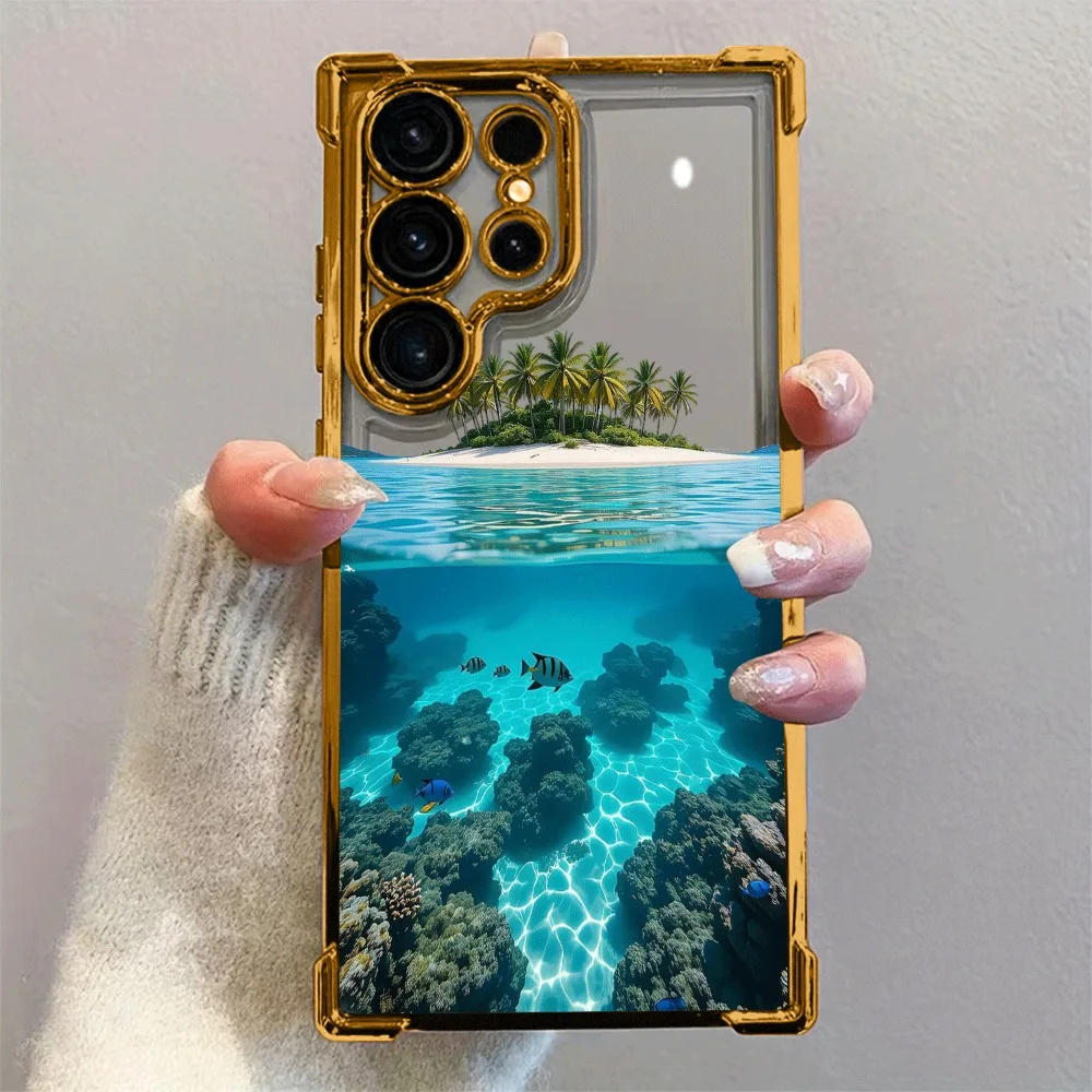 Creative Palm Tree Island Pattern Phone Case Suitable for Samsung Galaxy S26 S25 S24 S22 S21 S20 FE/Ultra/Plus5G Anti Drop