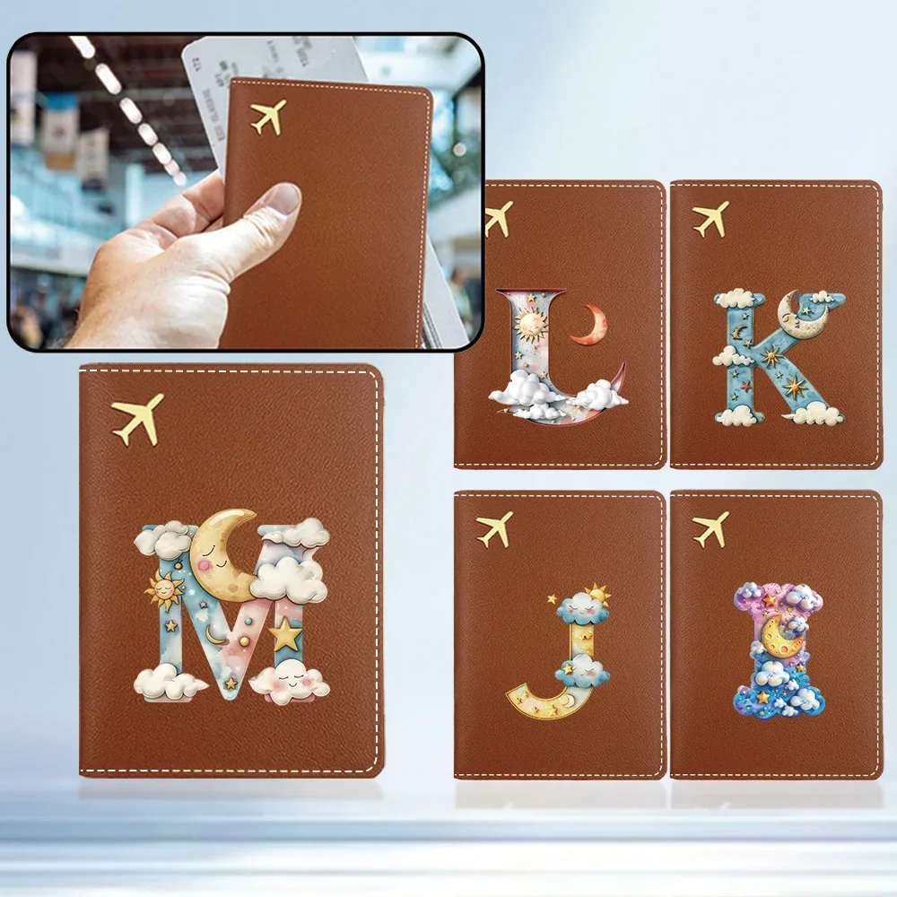 휴대용 접이식 여권 홀더 내구성이 뛰어난 여권 보관 케이스 무지개 빛깔의 구름 이니셜 이름 26 글자 패턴