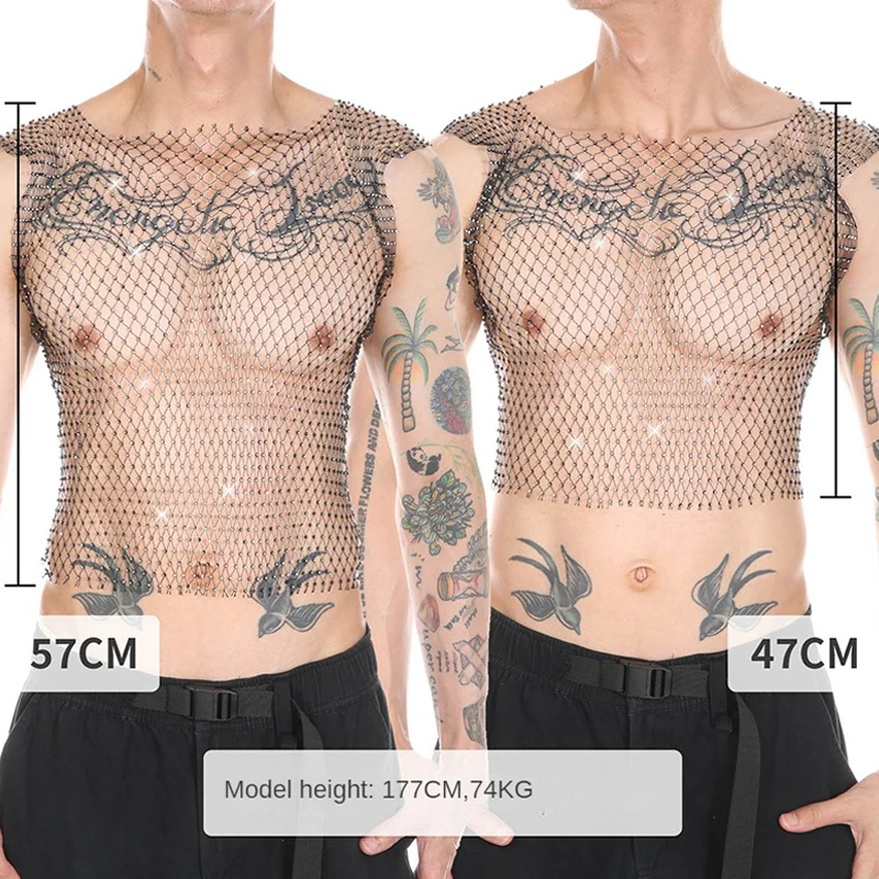 Camiseta Sem Mangas Transparente para Homens, Sexy, com Strass e Rede, Tops Musculares, Roupa de Lingerie