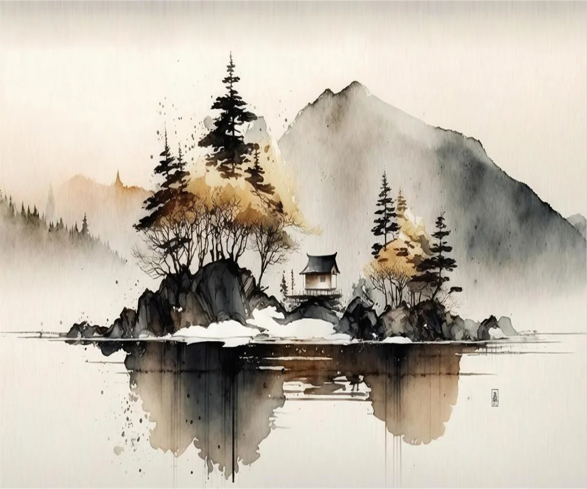 Customized Size 3d Wallpaper Chinese Style Abstract Ink Painting Landscape Mural Home Decoration Mountain Pavilion Tapestry