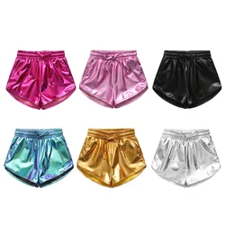 Kids Girls Dance Shorts Elastic Metallic Ballet Pants Children Glossy Gymnastic Dancewear Solid Color Teen Sports Shorts