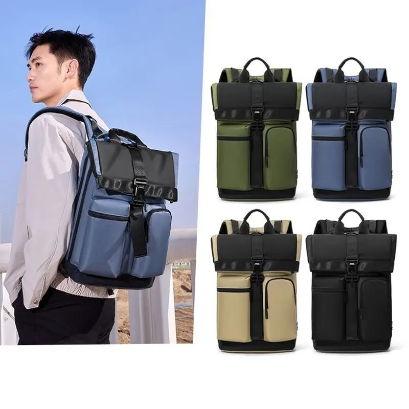 High quality large capacity roll mouth expandable Multi pocket 16 in laptop bag new patchwork zipper buckle backpack schoolbag
