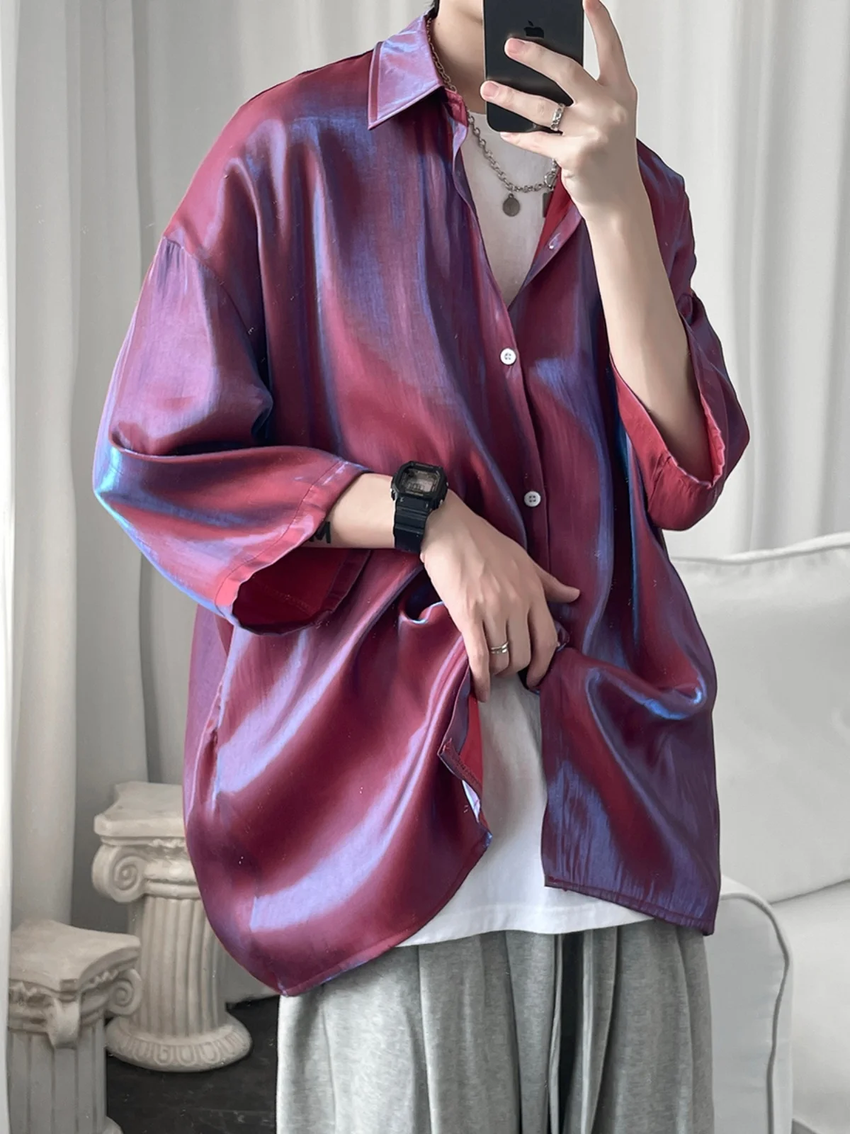

aduated Wine Red Ice Silk ort Sve Men's irt Summer Haome High-End Feel Seven-Quarter Sve Trendy Brand Jaet