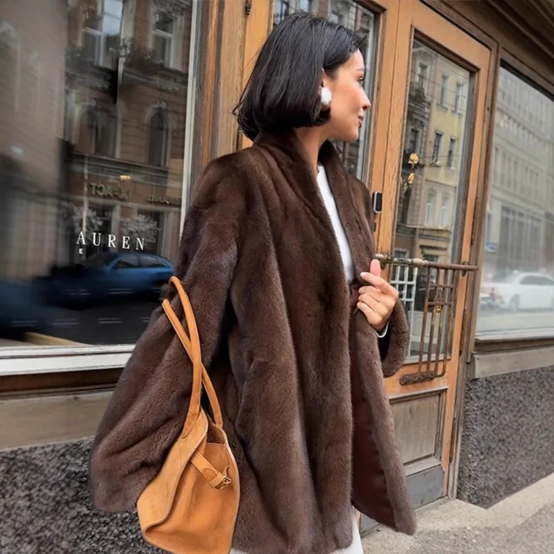 Women Fashion Elegant Lace Up Faux Fur Jacket Plush V-neck Long Sleeve Loose Warm Jackets Lady 2025 Winter Commute Street Coats