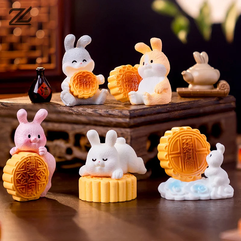 1PC Mini Simulation Mid-Autumn Festival Mooncake Rabbit Figurine Bunny Car Desktop Ornament Dollhouse Micro Landscape Decoration