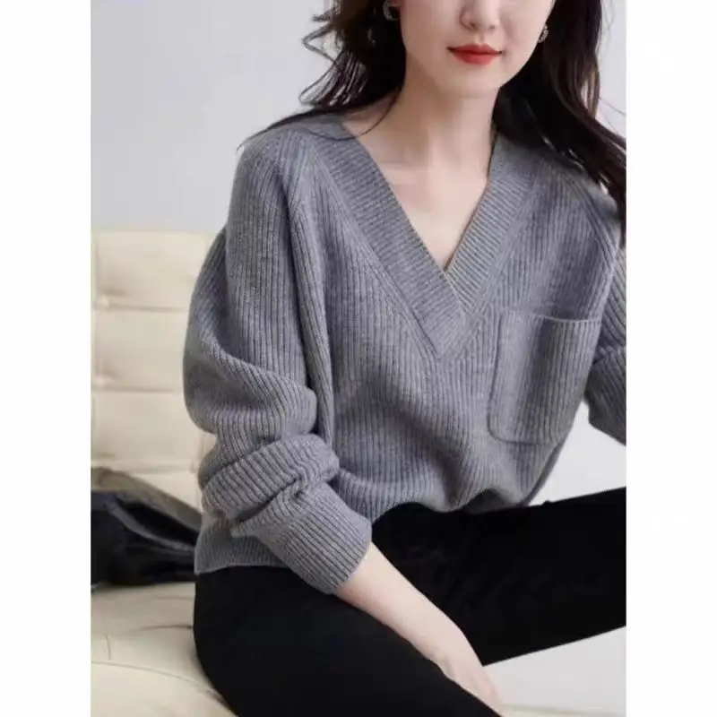 Chinese New Year Red Sweater with Pockets Long Sleeved V-neck Knit Sweater for Women Sweet Autumn and Winter Sueter Mujer 31021