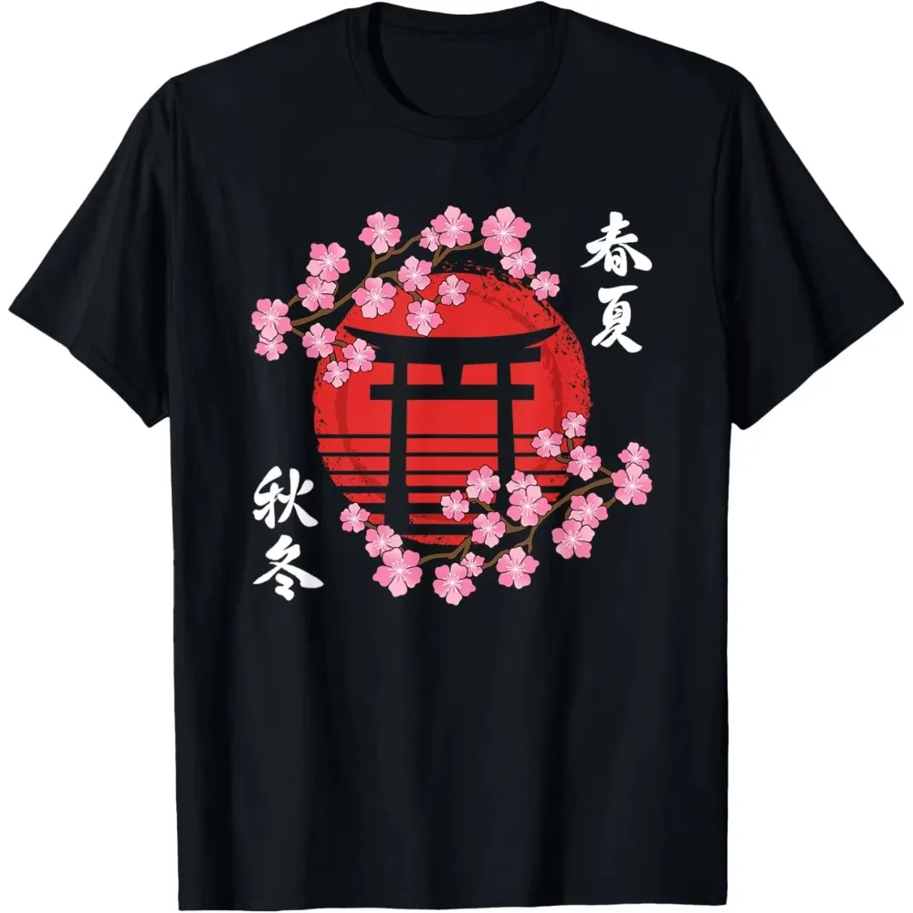 Japanese Torii Gate Cherry Blossom Graphic Tee Soft Cotton T-Shirt for Men and Women