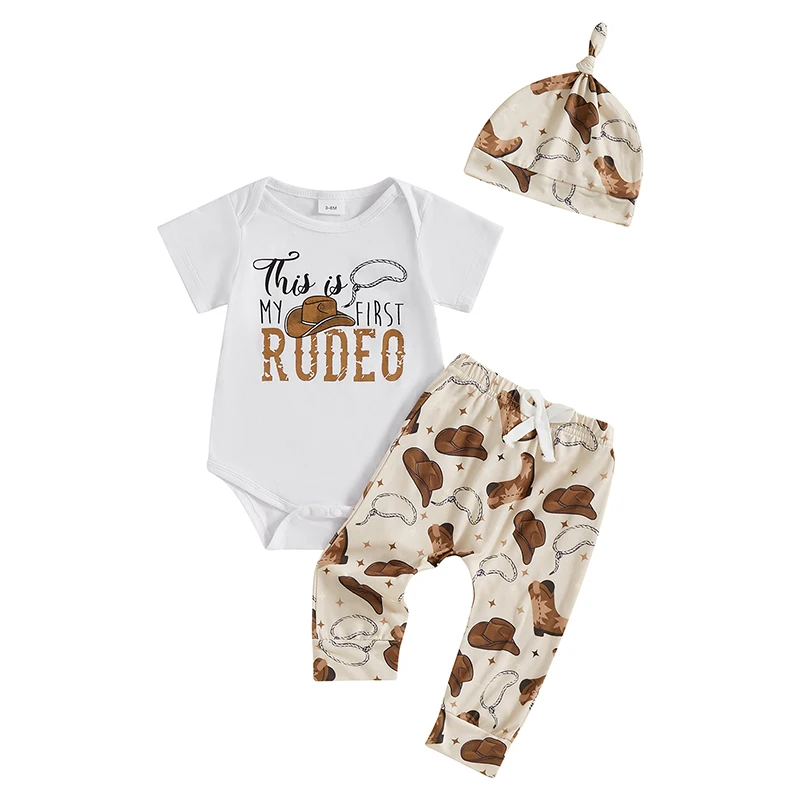 

Baby Boy Western Outfits Letter Print Short Sleeve Romper with Boot Hat Pattern Pants and Hat 3 Pcs Set