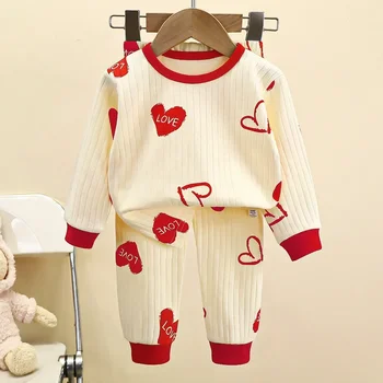 Kids Boys Girls Pure Cotton Warm Pajamas Cute Cartoon Long Sleeve T-Shirt + Pants Toddler…