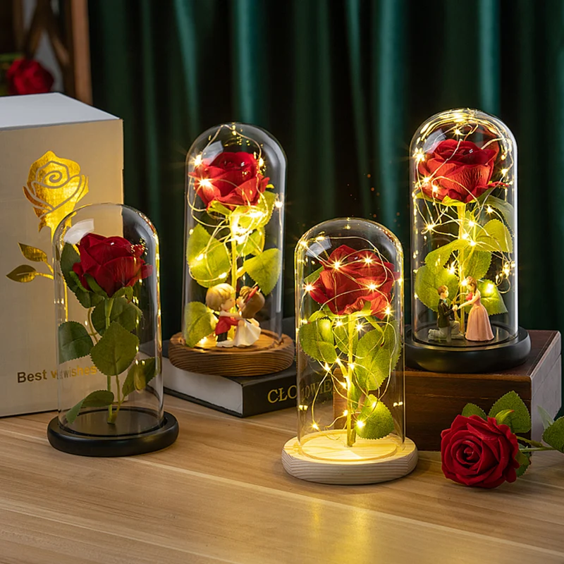 Artificial Flowers LED Red Rose Creative Valentine's Day Gift Eternal Rose Light Foil Flower in Glass Cover with Stand Light