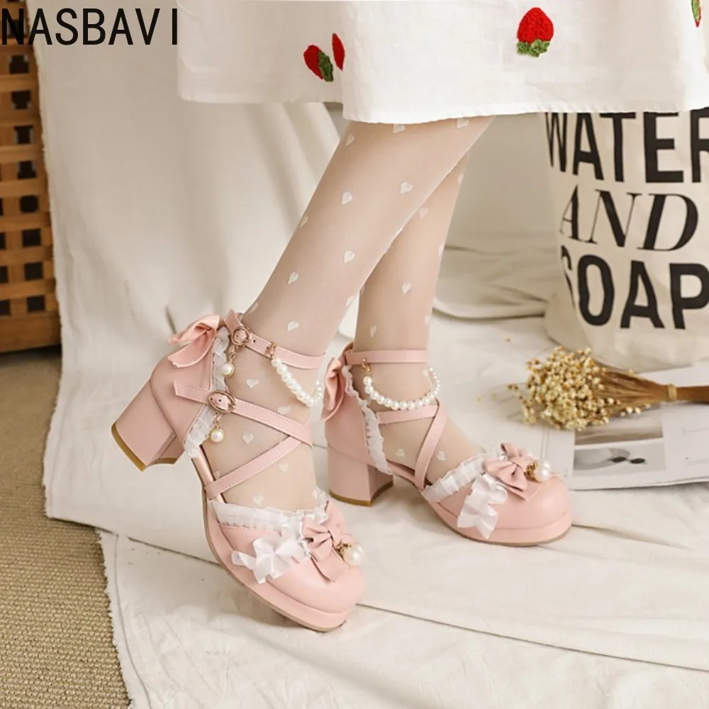 

Women's Summer White Buckle Strap Sandals Pink Bowknot Pearls Cross Strap Shoes Black Ruffles High Heels Lady Lolita Party Shoes