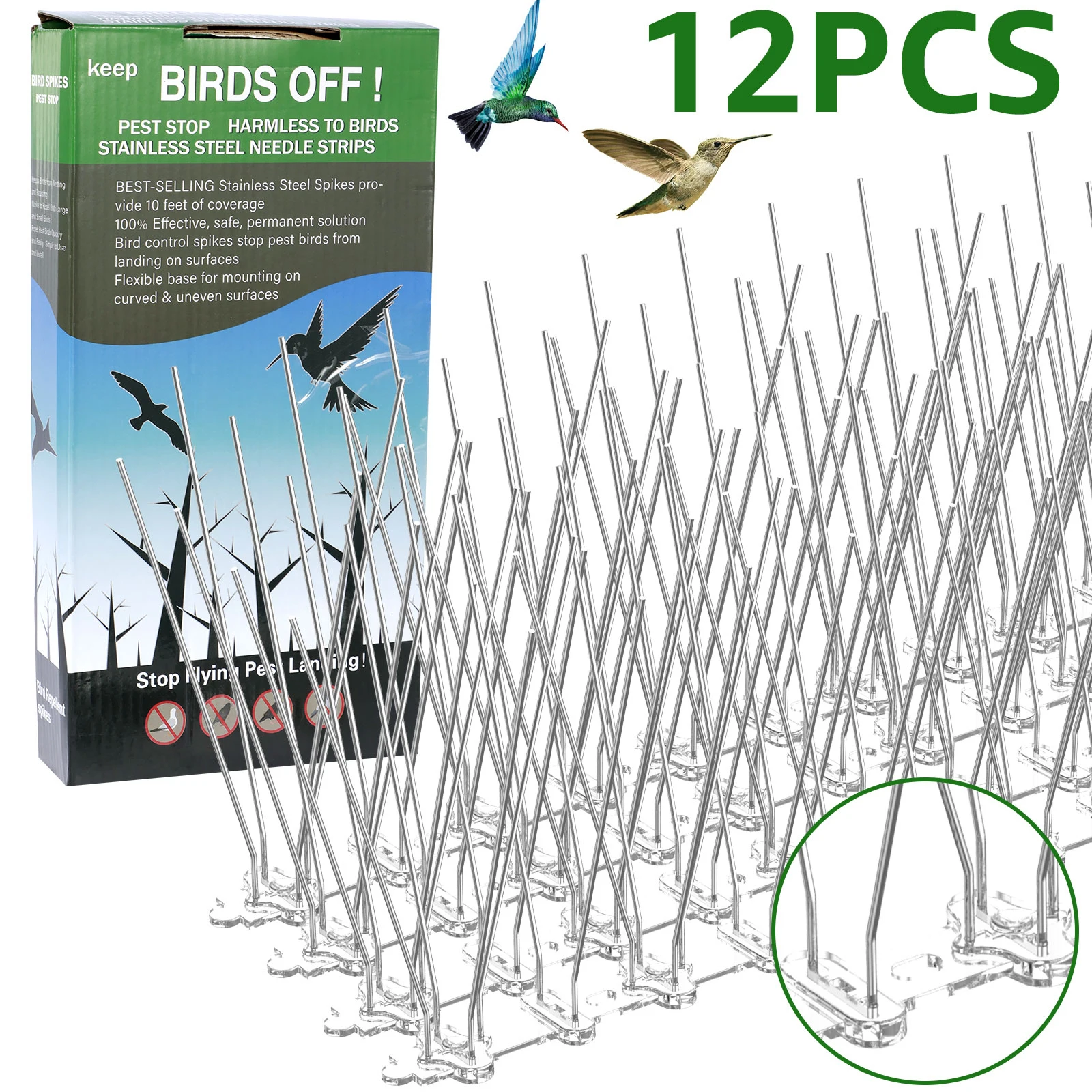 

12Pcs Bird Spikes Kit Stainless Steel Bird Repeller Set Deterrent Anti Bird Pigeon Squirrel Cats Repellent for Garden Fence Roof