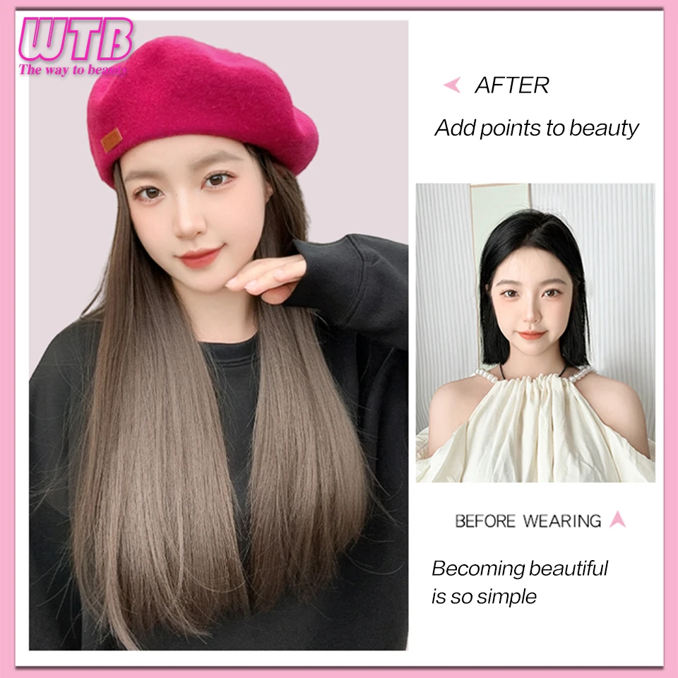 Synthetic Fashion Beret Long Straight Wig integration 45cm High quality Heat-resistant Hair Suitable for women\'s Daily wear.