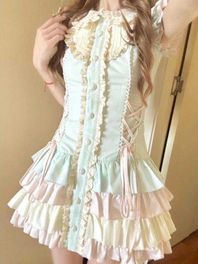 2000年代風 カワイイ ロリータ風 レース スリム ショート丈 パーティードレス Y2K 原宿系 ワンピース 韓国風 夏 ノースリーブ ケーキミニドレス