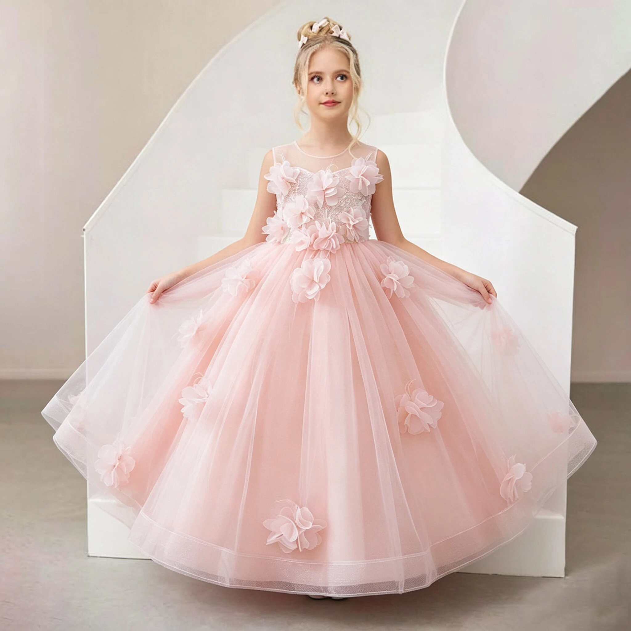 Elegantes Blumen-Tüll-Mädchenkleid für den Sommer, Hochzeit, Brautjungfern, Prinzessin, Party, Ballkleider für Mädchen, Gala, Festzug, Abend, Ballkleid