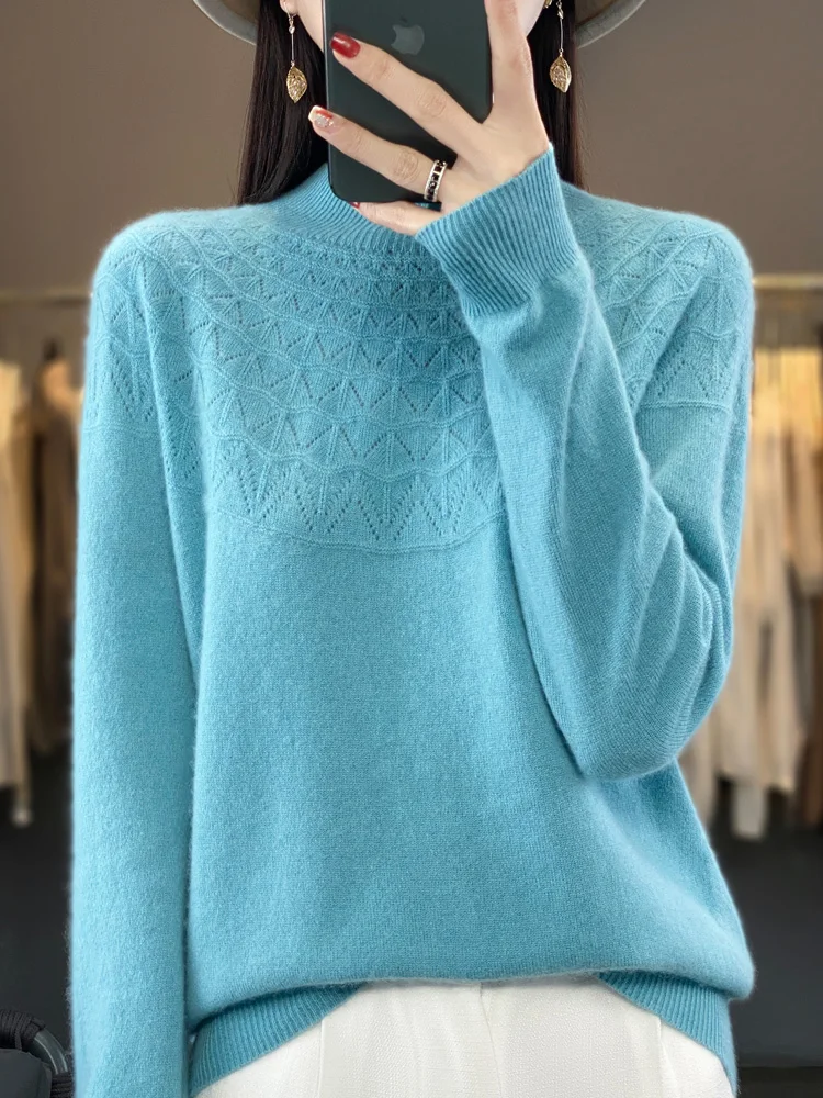 Autumn Winter Women Wool Pullover Mock-neck Basic Sweater 100% Merino Wool Hollow Solid Cashmere Knitwear Female Bottoming Shirt