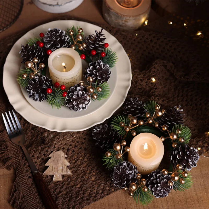 1pc Weihnachten Kerzenhalter Kranz Künstliche Tannenzapfen Beeren Rot Gold Tisch Dekoration Ornamente Tür girlande anhänger