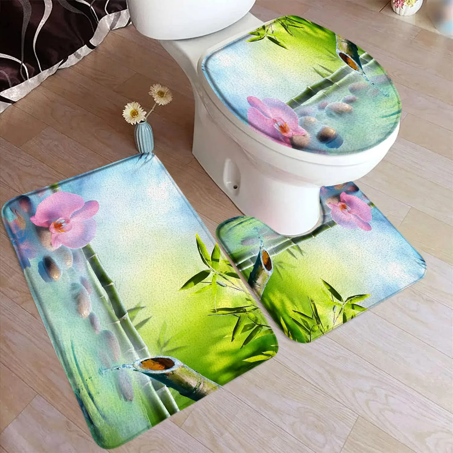 Zen Green Bamboo Bath Mat Set Purple Orchid Flowers Plants Vintage Buddha Home Carpet Bathroom Decor Floor Rugs Toilet Lid Cover