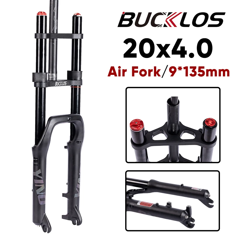 BUCKLOS 20x4.0 Ebike Suspension Fork Dual Crown 9*135mm 20inch Air Fork Disc Brake Front Fork for Mountain Beach Snow Bike