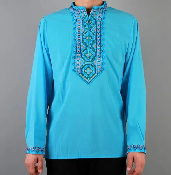 Chinese Xinjiang Uyghur Men T shirt Spring Tops Long sleeve Embroidery Ethnic Tradition