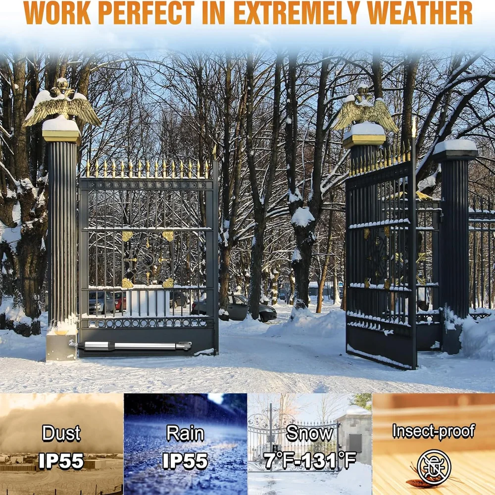 فتاحة بوابة متأرجحة واحدة (مجموعة نصف متوسطة التحمل) - جهاز تحكم عن بعد، 440 رطل بحد أقصى 16 قدم، واي فاي اختياري وطاقة شمسية