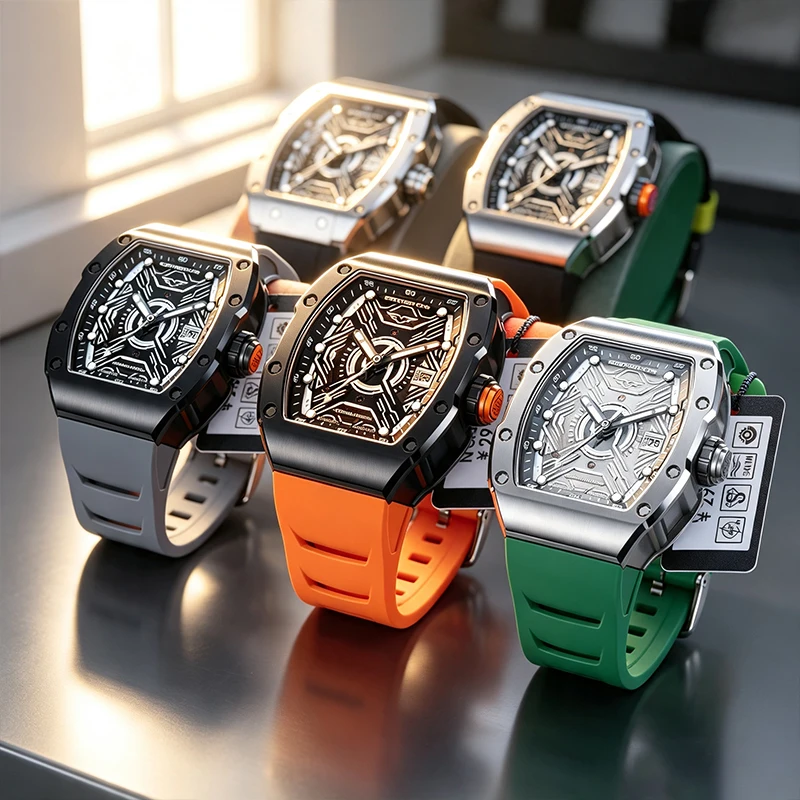 Mod Men's Fully Automatic Watch Wine Barrel Shape 5ATM Waterproof C3 Luminous Rubber Strap Silver Track Series Perfect Gift