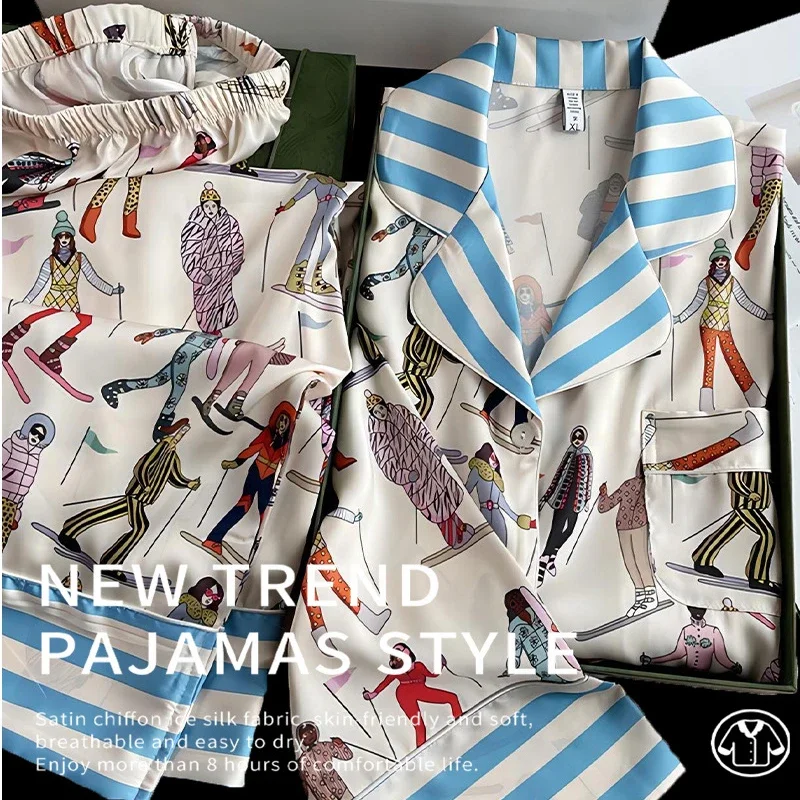 

Silk Satin Pajamas Set Nightwear Print Cute Cartoon Pijama Mujer Autumn Spring Women's Home Clothes Long Sleeve Sleepwear