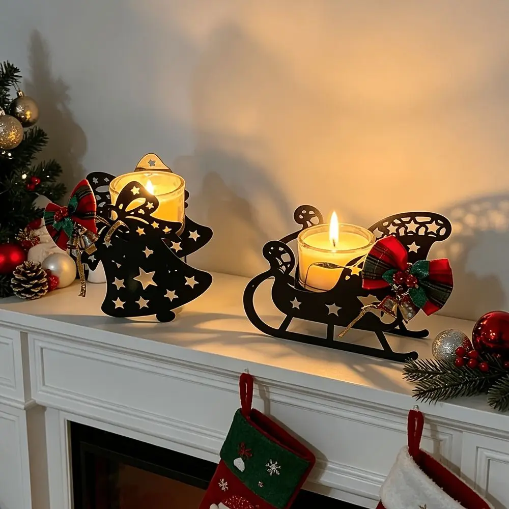 Deer Elk Christmas Candle Holder Bell Snowflake Christmas Ornaments Bow Hollowed-out Xmas Desk Decoration Christmas