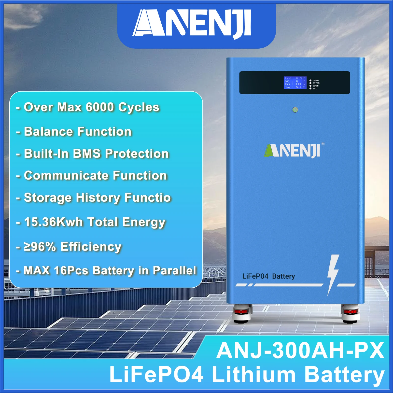 

ANENJI 15KWh 300AH LiFePO4 Battery 51.2V Power Lithium Battery Backup 6000+ Cycles Built-in BMS Solar Storage Lithium Solar