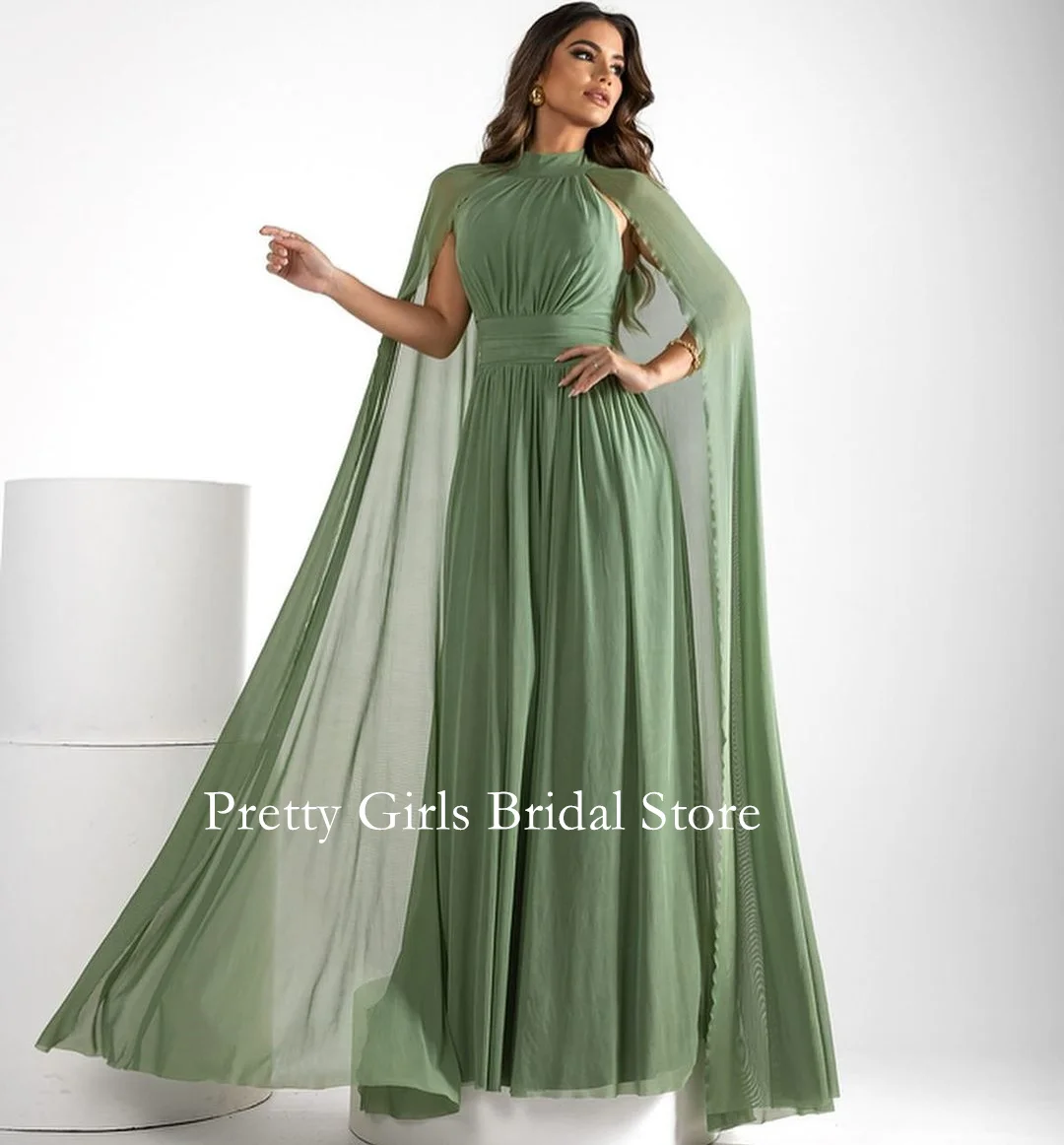 

High Neck Chiffon Formal Prom Dresses Pleated Floor Length Classic Elegant Cape Sleeves Green Evening Gowns Party Women